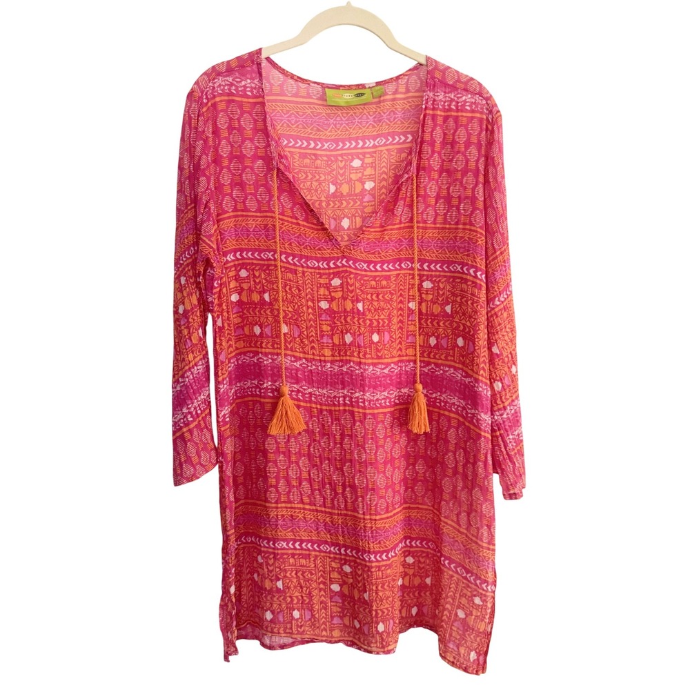 Rockflowerpaper Tunic Women Size M Pink Orange Tribal Print Cotton Tassel Boho